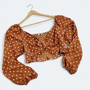 Idem Ditto Polka Dot Cropped Puff Sleeve Top Size Large